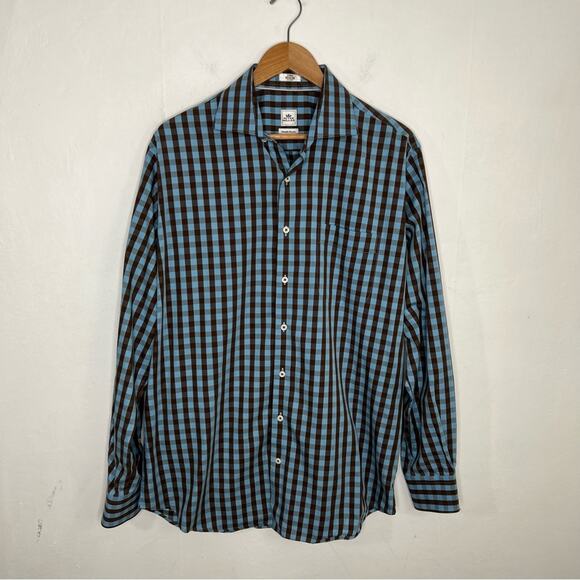 Peter Millar Button Front Seaside Finish Blue Brown Check Shirt Cotton Size L - Picture 1 of 10